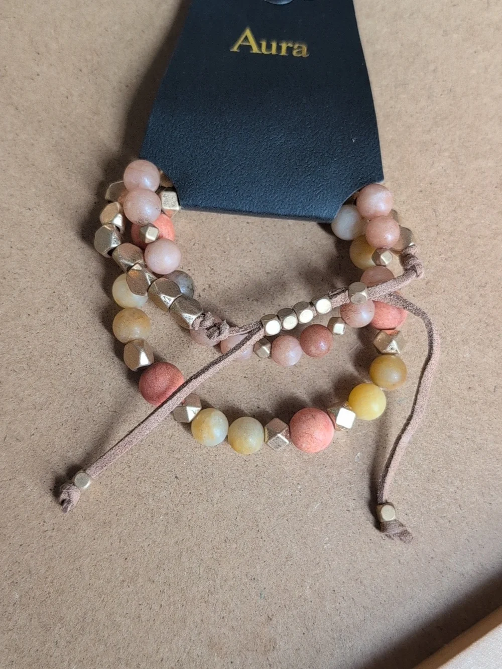 Peach & Cream Beaded Stretch Bracelet Trio with Gold Accents